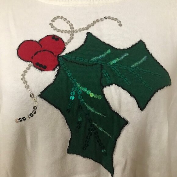 Kim Rogers Beaded Christmas Sweater XL – Holiday Holly Sequin Pullover - Picture 4 of 5